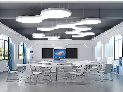 School Modern Classroom With White Tables Chairs Large Screen And Wavy Ceiling Lights 3d model