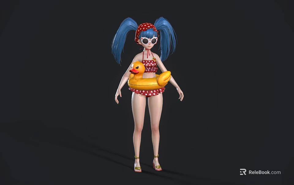 Woman With Blue Pigtails Red Polka Dot Headband Red White Bikini Holding Yellow Inflatable Duck 3d model 