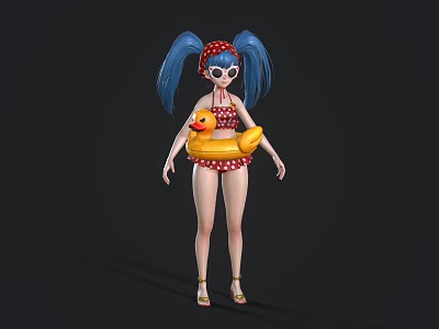 Woman With Blue Pigtails Red Polka Dot Headband Red White Bikini Holding Yellow Inflatable Duck 3d model
