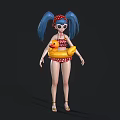 Woman With Blue Pigtails Red Polka Dot Headband Red White Bikini Holding Yellow Inflatable Duck