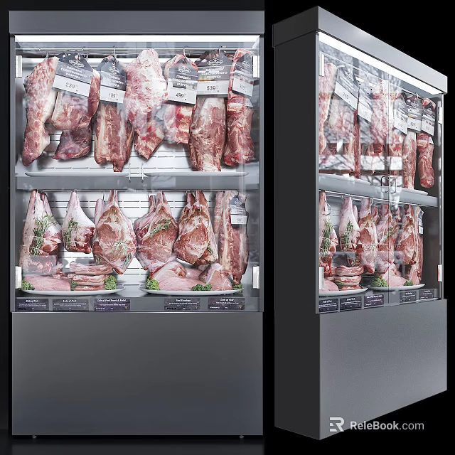 Commercial Display Freezer with Various Packaged Meats on Shelves in Retail Store 3d model 