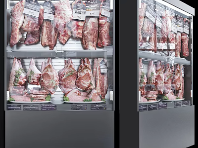 Commercial Display Freezer with Various Packaged Meats on Shelves in Retail Store 3d model