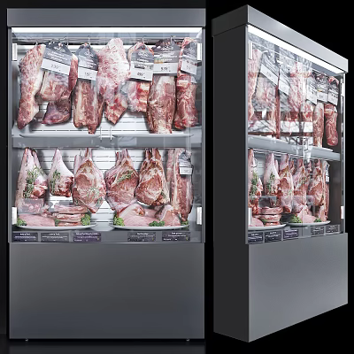 Commercial Display Freezer with Various Packaged Meats on Shelves in Retail Store 3d model