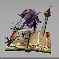 Ancient Open Book Scene Featuring Character And Purple Creature Near Red Roof Tower