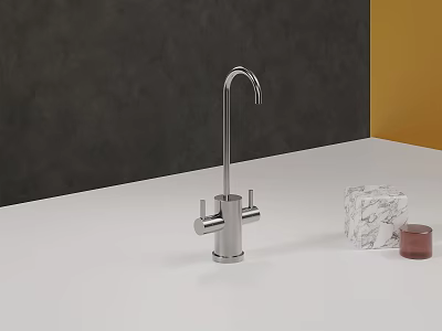 Stainless Steel Faucet On White Countertop With Marble Object And Red Accessory 3d model