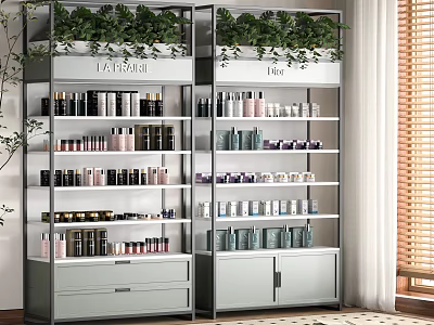 Modern Display Shelves With Green Plants And Cosmetic Products Drawers And Cabinets 3d model