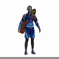 Man with silver hair wearing blue sportswear carrying red and green equipment in futuristic style