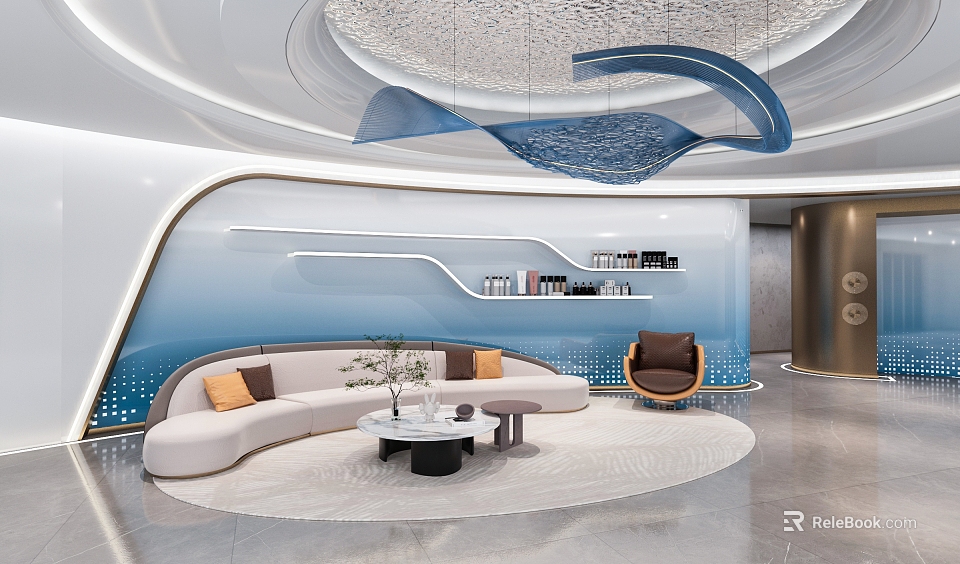 Elegant Modern Leisure Lounge With Curved Sofa Accent Chair And Wavy Pendant Light 3d model 