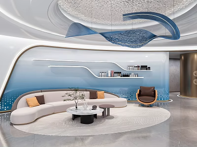 Elegant Modern Leisure Lounge With Curved Sofa Accent Chair And Wavy Pendant Light 3d model