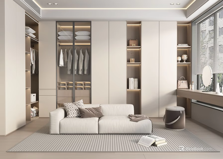 Modern Walk-in Closet Interior Design With White Cabinets Hanging Clothes Sofa And Mirror 3d model 