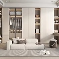 Modern Walk-in Closet Interior Design With White Cabinets Hanging Clothes Sofa And Mirror