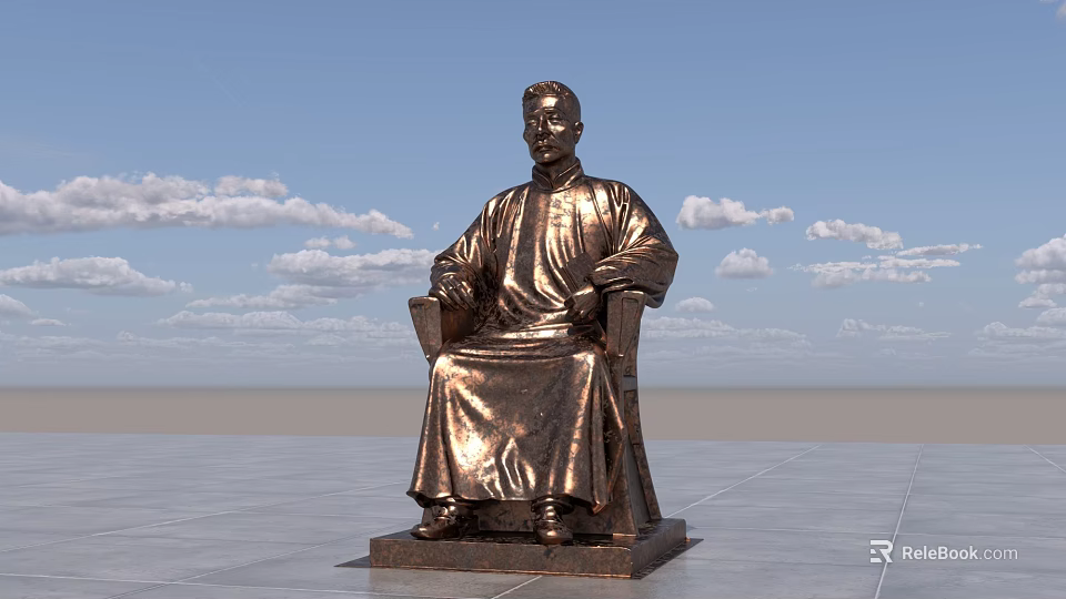 Landscape Sculpture Of Sitting Bronze Figure Against Blue Sky With Cloud Background On Gray Platform 3d model 