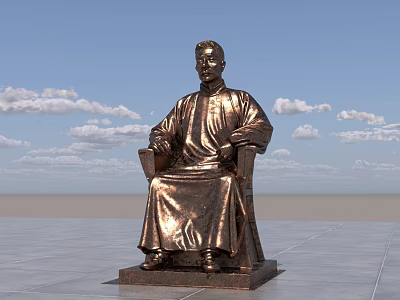 Landscape Sculpture Of Sitting Bronze Figure Against Blue Sky With Cloud Background On Gray Platform 3d model