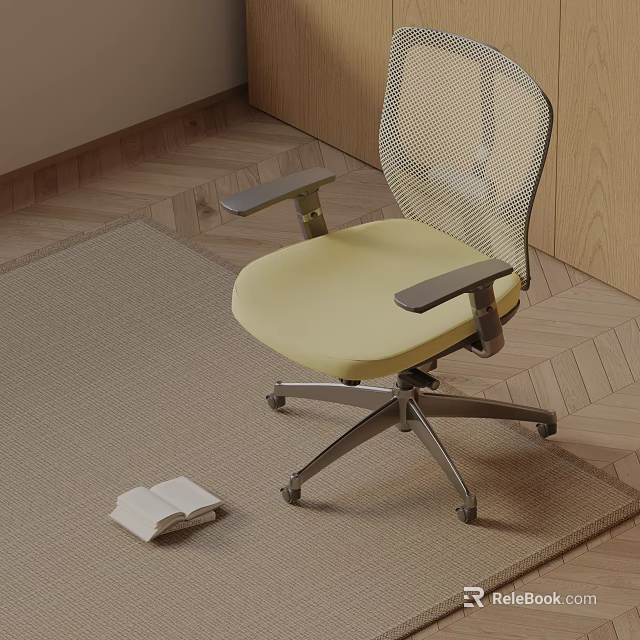 Office Chair with Yellow Cushion Mesh Backrest Armrests Silver Wheels on Carpet and Book Nearby 3d model 