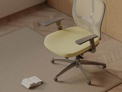 Office Chair with Yellow Cushion Mesh Backrest Armrests Silver Wheels on Carpet and Book Nearby 3d model