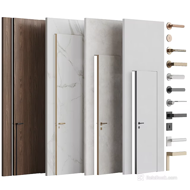 Modern Hinged Doors with Wooden Marble and White Finishes Featuring Sleek Door Handles 3d model 