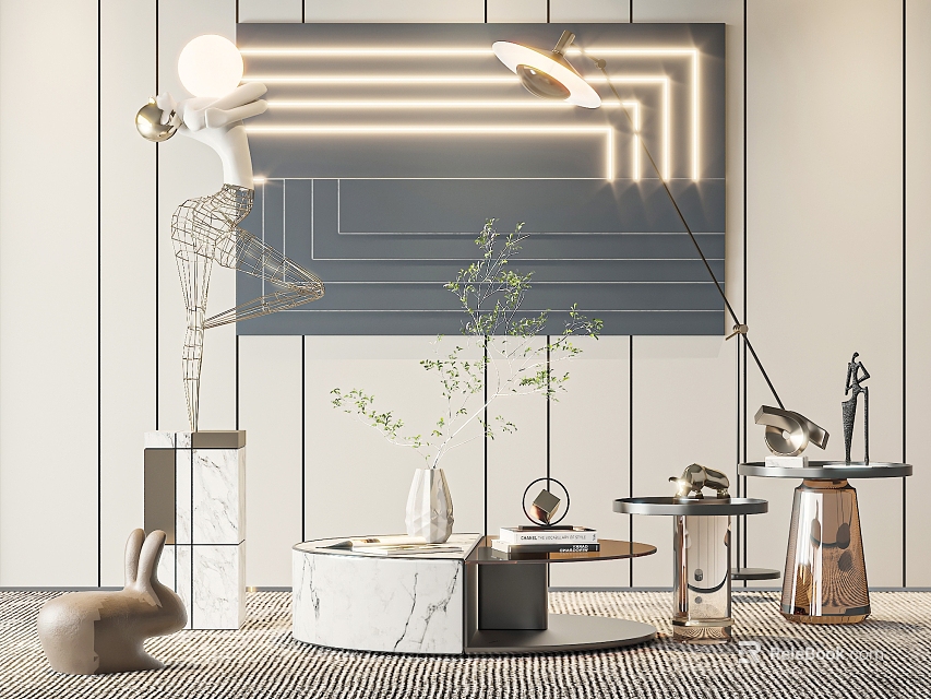 Elegant Modern Round Marble Coffee Table With Small Plant And Floor Lamp 3d model 