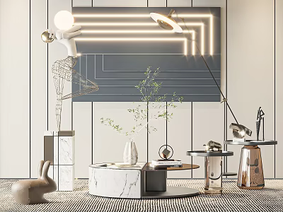 Elegant Modern Round Marble Coffee Table With Small Plant And Floor Lamp 3d model