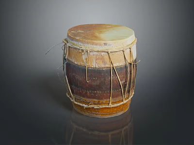Traditional Handmade Drum With Woven Ropes Striped Body Worn Surface On Dark Background With Reflection 3d model