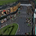 Vibrant Pedestrian Commercial Street With Glass Facade Shops Outdoor Seating And Greenery