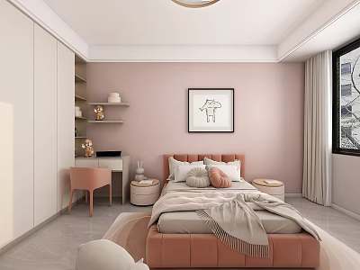 Cozy Kids Room With Pink Walls Bed Shelves Desk Chair Carpet Window And Decorative Painting 3d model