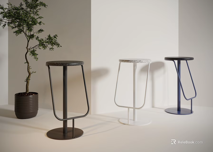 Modern Sleek Bar Stools In Black White Blue With Indoor Plant 3d model 
