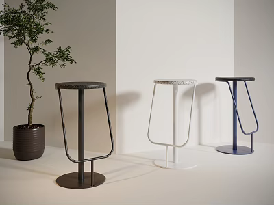 Modern Sleek Bar Stools In Black White Blue With Indoor Plant 3d model