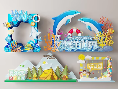 Colorful Themed Decorations Featuring Ocean World Summer Camp And Graduation Scenes 3d model