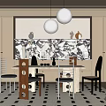 Modern Living Room Interior With Black And White Patterned Rug Pendant Lights And Dining Table