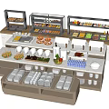 Restaurant Buffet Setup With Transparent Display Cases Various Foods Fruits Desserts And Tableware