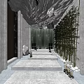 Stylish Elevator Corridor With Gray Walls Geometric Ceiling Bamboo Steps And White Stone Ornaments