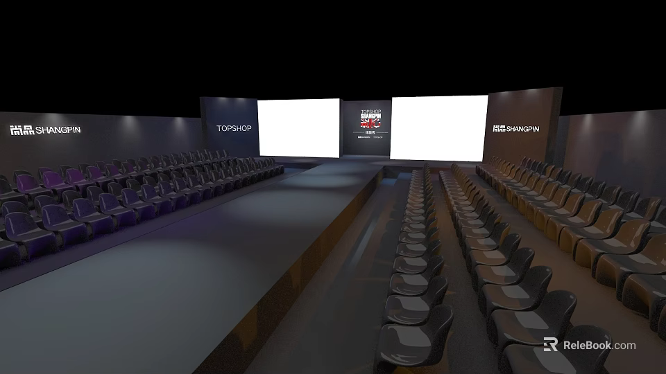 Spacious Conference Hall With Rows Of Seats Large Screens And Stage 3d model 