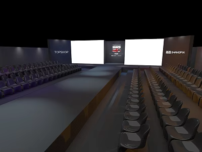 Spacious Conference Hall With Rows Of Seats Large Screens And Stage 3d model