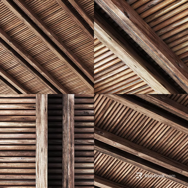 Natural Wooden Ceiling Design With Wooden Beams And Slatted Panels Showcasing Rustic Texture Details 3d model 