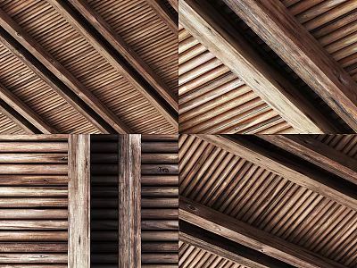 Natural Wooden Ceiling Design With Wooden Beams And Slatted Panels Showcasing Rustic Texture Details 3d model