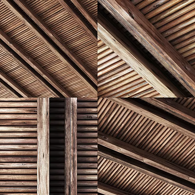 Natural Wooden Ceiling Design With Wooden Beams And Slatted Panels Showcasing Rustic Texture Details 3d model
