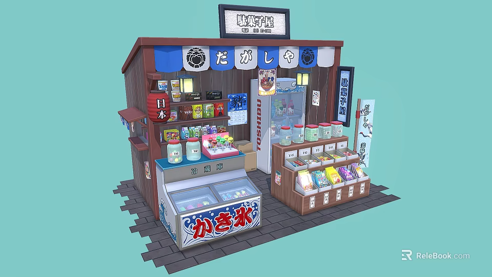 Traditional Japanese Dessert Shop Featuring Wooden Display Cases And Assorted Sweets 3d model 