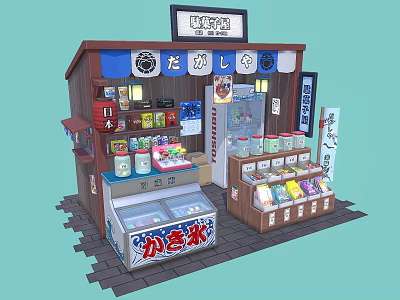 Traditional Japanese Dessert Shop Featuring Wooden Display Cases And Assorted Sweets 3d model