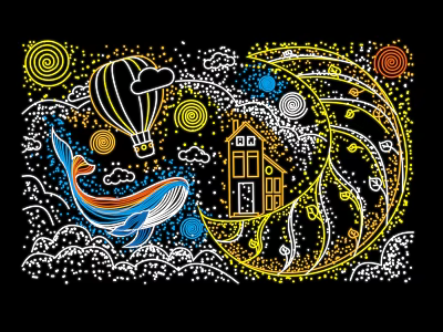 Vibrant Whale Hot Air Balloon Moon With Small House Clouds And Decorative Waves 3d model Vibrant Whale Hot Air Balloon Moon With Small House Clouds And Decorative Waves 3d model