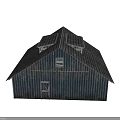 Old Blue Barn With Corrugated Metal Walls Gray Shingle Roof Windows And Large Wooden Door