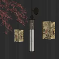Chinese Style Wall Lamp With Metal Frame Marble Column Red Maple Leaves And Traditional Paintings