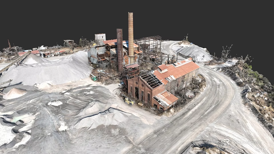 Industrial Factory With Red Brick Roof Solar Panels Chimney And Surrounding Stockpiles 3d model 