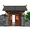 Chinese Style Entrance Gate with Tile Roof Wooden Door Stone Walls Red Decorations and Plants