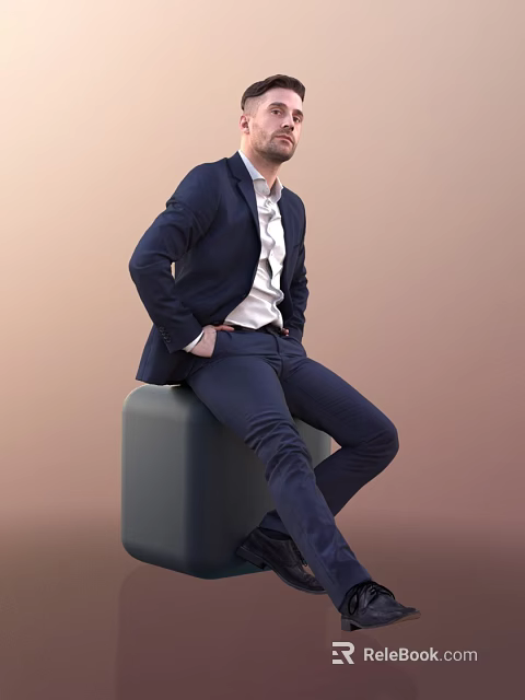 Man In Navy Blue Suit And White Shirt Sitting On Gray Cube With Brown Background 3d model 