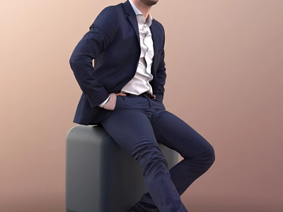 Man In Navy Blue Suit And White Shirt Sitting On Gray Cube With Brown Background 3d model