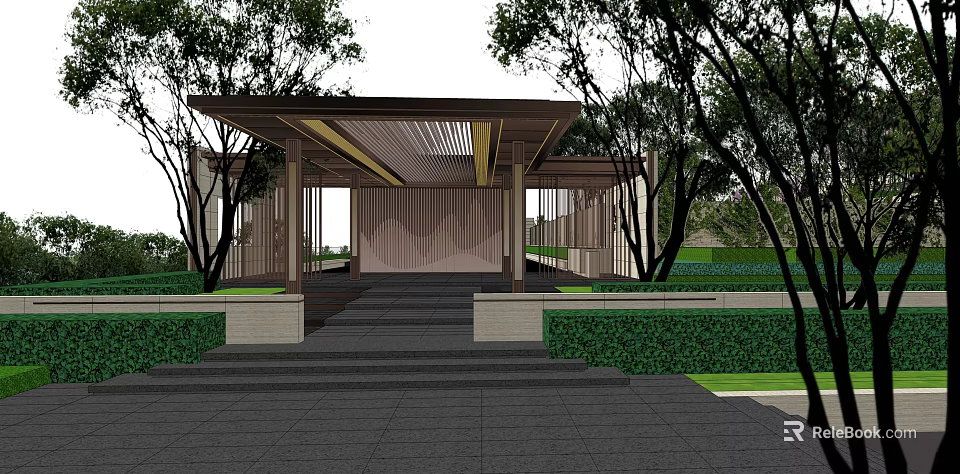 Modern Pergola Design With Wooden Structure Surrounding Trees And Stone Steps 3d model