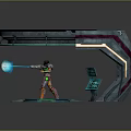 Game Movie Character in Futuristic Platform With Glowing Blue Orange Lines Wearing Orange Green Armor