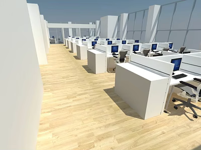 Bright Modern Public Office Space With White Cubicles Computers Large Windows And Wooden Flooring 3d model
