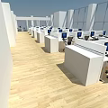 Bright Modern Public Office Space With White Cubicles Computers Large Windows And Wooden Flooring