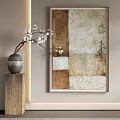Textured Abstract Painting With Wooden Pedestal Vase White Flowers And Soft Lighting